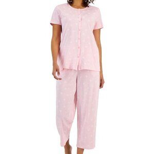 NWT Charter Club Intimates Ditsy Floral Capri Pink Button Front Pajama Set 2PC L